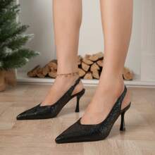 新到貨女士尖頭粗跟高跟泵鞋，時尚鞋款 - 黑色 - 查看 3