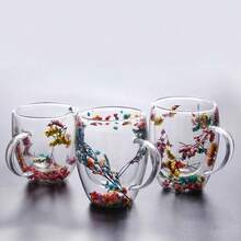 1 Pc 350ml Creative Double Wall Glass Cup Real Flower Conch Flash Filler Glass Cups Hand Gifts High Borosilicate Glass Cups With Handles - Apricot - View 9
