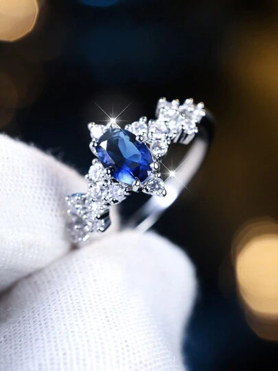 Vanel 1入組精美承諾戒指，嵌有水藍色立方氧化鋯訂婚婚戒，女性尺寸可選，送給她的禮物