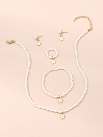 5入組雛菊油滴花項鍊,手鏈,戒指和耳環套裝,適用於女孩