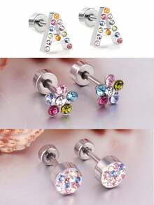 3 對/套鑲嵌水鑽 18k 鍍金不銹鋼英文字母 A 設計耳環,帶有六色花朵、圓柱和螺旋後蓋,適合情侶、日常、派對和禮品配件 - 混裝 - 查看 3