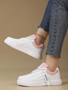 女式字母拼接运动鞋，户外活动系带徒步鞋，时尚潮流平底滑板鞋 - 粉色 - 查看 6