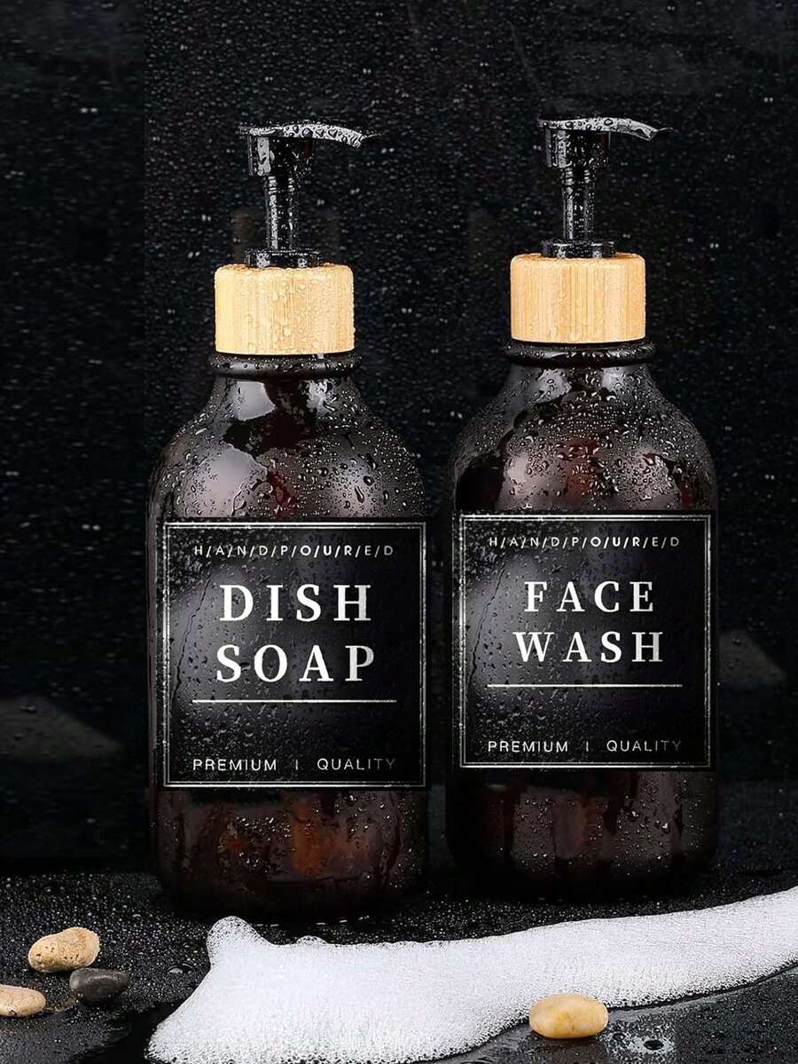 LEAPAIR 2 个 16.9 盎司磨砂哑光圆形瓶带泵洗洁精分配器可再填充乳液分配瓶带 12 个防水标签用于（洗手液/洗洁精/洗面奶/沐浴露/洗手液/洗手液/洗发水/护发素/多功能清洁剂/精油喷雾/空气清新剂），500ML 泵压瓶防漏皂液洗发水液体储存容器 PET 塑料挤压皂液器瓶 - matte brown - 查看 1