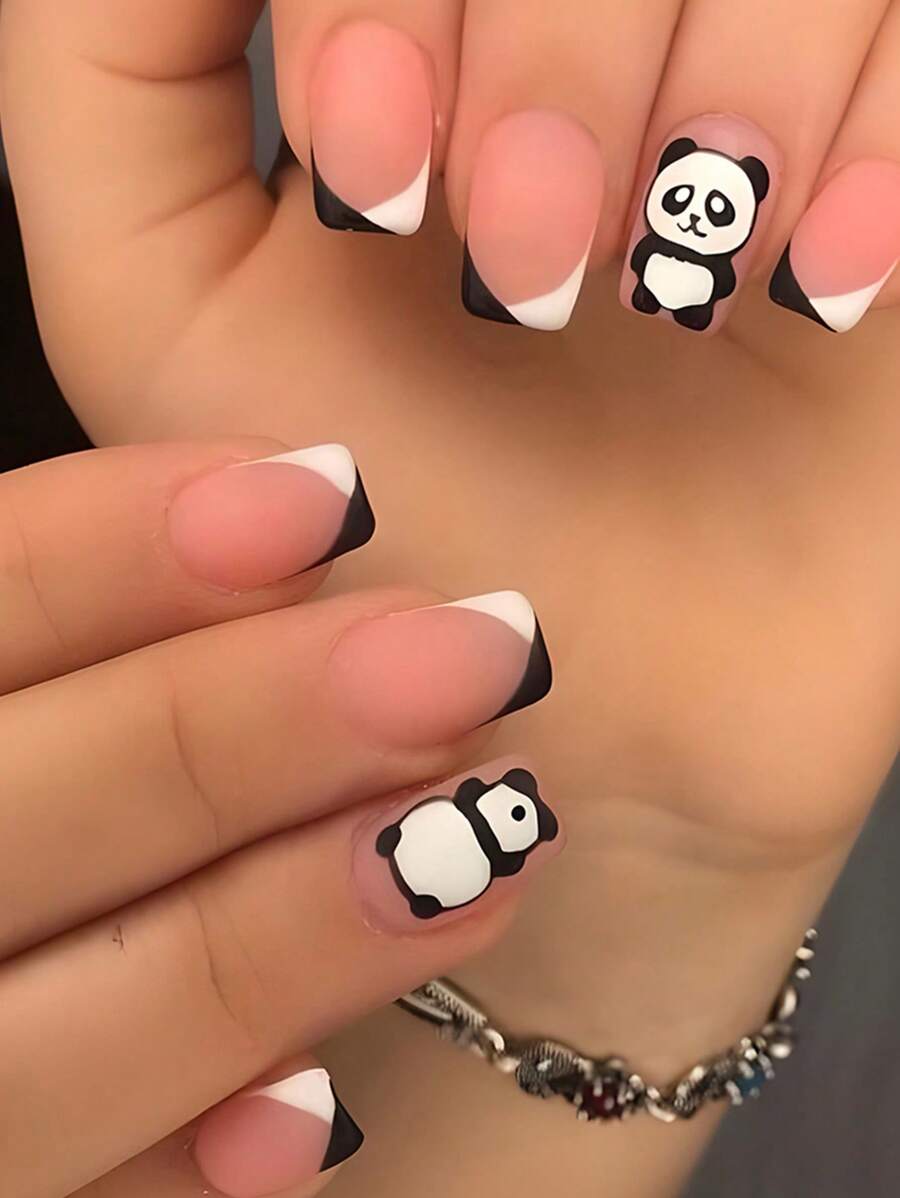 24pcs Short Square French Style 3d Cute Panda Design Cartoon Nail Art Set Long Press On Nails Suitable For Parties, Dancing Or Daily Wear Nail Supplies - Black and White - View 1