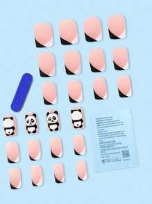 24pcs Short Square French Style 3d Cute Panda Design Cartoon Nail Art Set Long Press On Nails Suitable For Parties, Dancing Or Daily Wear Nail Supplies - Black and White - View 2