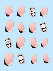 24pcs Short Square French Style 3d Cute Panda Design Cartoon Nail Art Set Long Press On Nails Suitable For Parties, Dancing Or Daily Wear Nail Supplies - Black and White - View 3