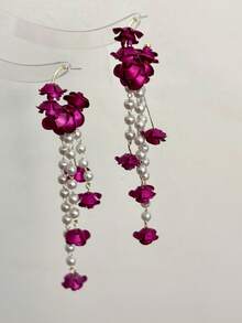 1雙不鏽鋼針形花&珍珠&流蘇耳環,適用於女性日常佩戴和派對裝飾 - 中紫紅色 - 查看 3