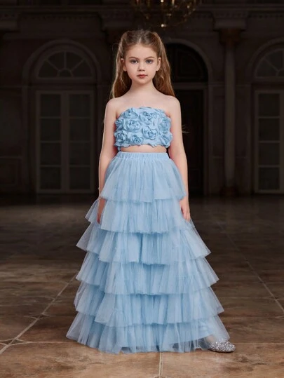 Tween Girl Chic Pink Girls' Dress Set: 3D Floral Embroidered Crop Top & Layered Tulle Skirt , Perfect For Weddings, Parties & Special Occasions