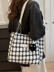 格紋鏈條休閒大容量輕便學院風購物單肩托特包 - 黑與白 - 查看 5