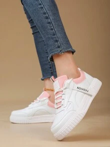 女式字母拼接运动鞋，户外活动系带徒步鞋，时尚潮流平底滑板鞋 - 粉色 - 查看 2