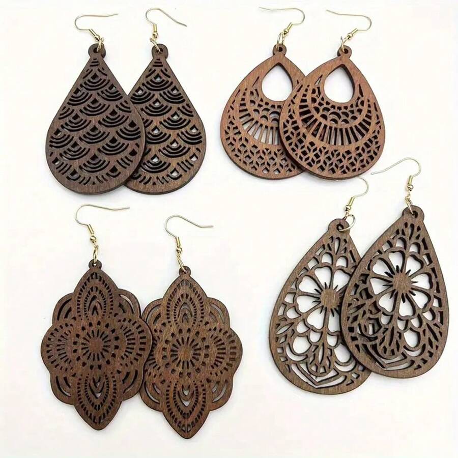 4pairs/Set Wooden Vintage Chic Earrings
