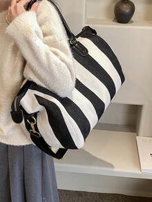 Popular Women's Bag New Shoulder Bag Large Capacity Commuting Niche Design Casual All-Match Simple Fashion Cross Body Bag, Pu And Canvas Texture, Stripe Design, Comfortable Fabric, Zippered With Adjustable And Detachable Shoulder Strap, Exquisite Hardware, Comfortable Handheld, Large Space Capacity, Perfect For Autumn And Winter Traveling. - Black - View 1