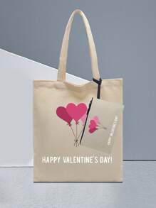 2 件/組時尚簡約情人節主題手提包,配有配套印花小收納袋,非常適合日常使用,適合學生；收納飯盒等帆布包、裝書電腦包、（情人節主題印花） - 米色 - 查看 5