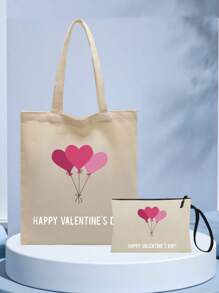 2 件/組時尚簡約情人節主題手提包,配有配套印花小收納袋,非常適合日常使用,適合學生；收納飯盒等帆布包、裝書電腦包、（情人節主題印花） - 米色 - 查看 4