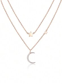 A 925 Silver Star Moon Double Necklace Sweet Glitter Niche Clavicle Chain Elegant Pendant Jewelry For Women - Pink - View 9