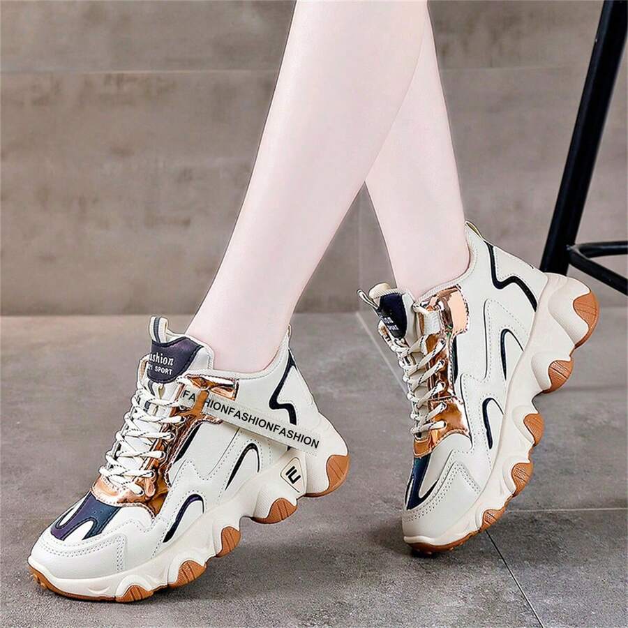 女士时尚休闲跑步鞋户外运动鞋厚底网红厚底高帮运动鞋 - 米色 - 查看 1