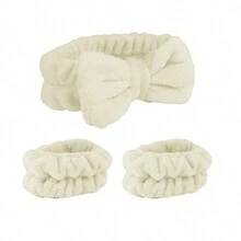 Skincare Headband And Wristbands For Facial Care And Makeup Accessory Set For Holding Hair, Applying Masks, Facial Treatments And Spa Cosmetics At Home - Beige - View 1
