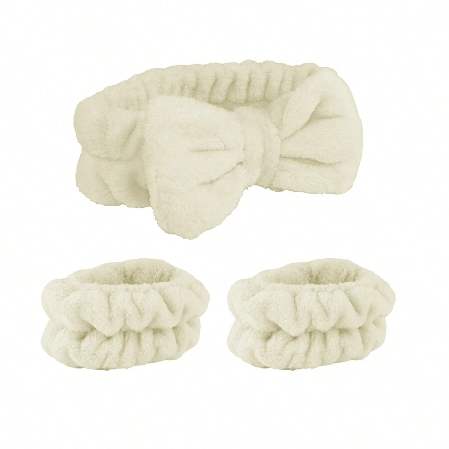 Skincare Headband And Wristbands For Facial Care And Makeup Accessory Set For Holding Hair, Applying Masks, Facial Treatments And Spa Cosmetics At Home - Beige - View 1