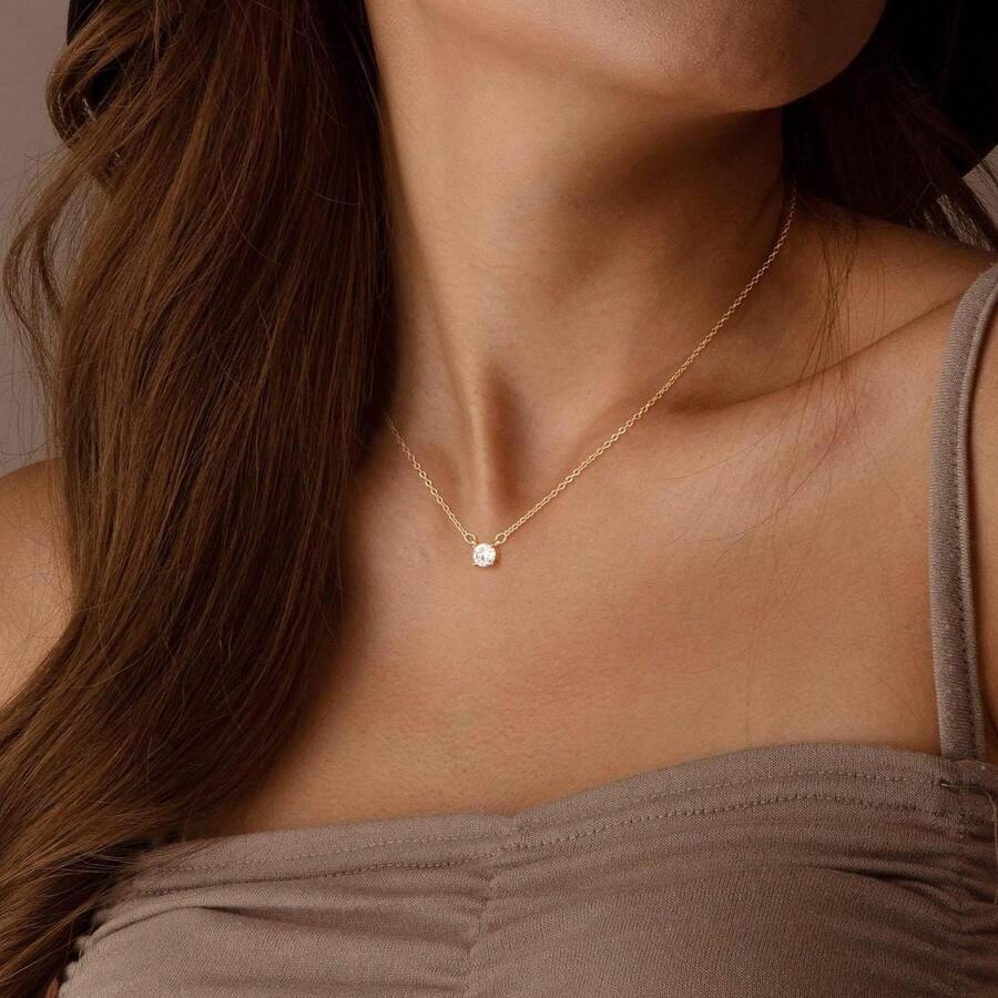 Tewiky Jewelry Diamond Necklaces For Women, Dainty 14k Gold/Silver Plated Cubic Zirconia Pendant Necklaces For Women Layered Simple Small Silver CZ Round Solitaire Choker Necklaces Jewelry For Women Girls - Vàng - Xem 1