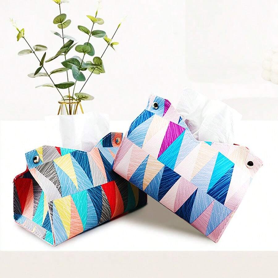 Colorful Tissue Box Geometric Pattern Leather Paper Towel Holder For Living Room And Bedroom, Multifunctional Napkin Storage Box - Purple - View 1