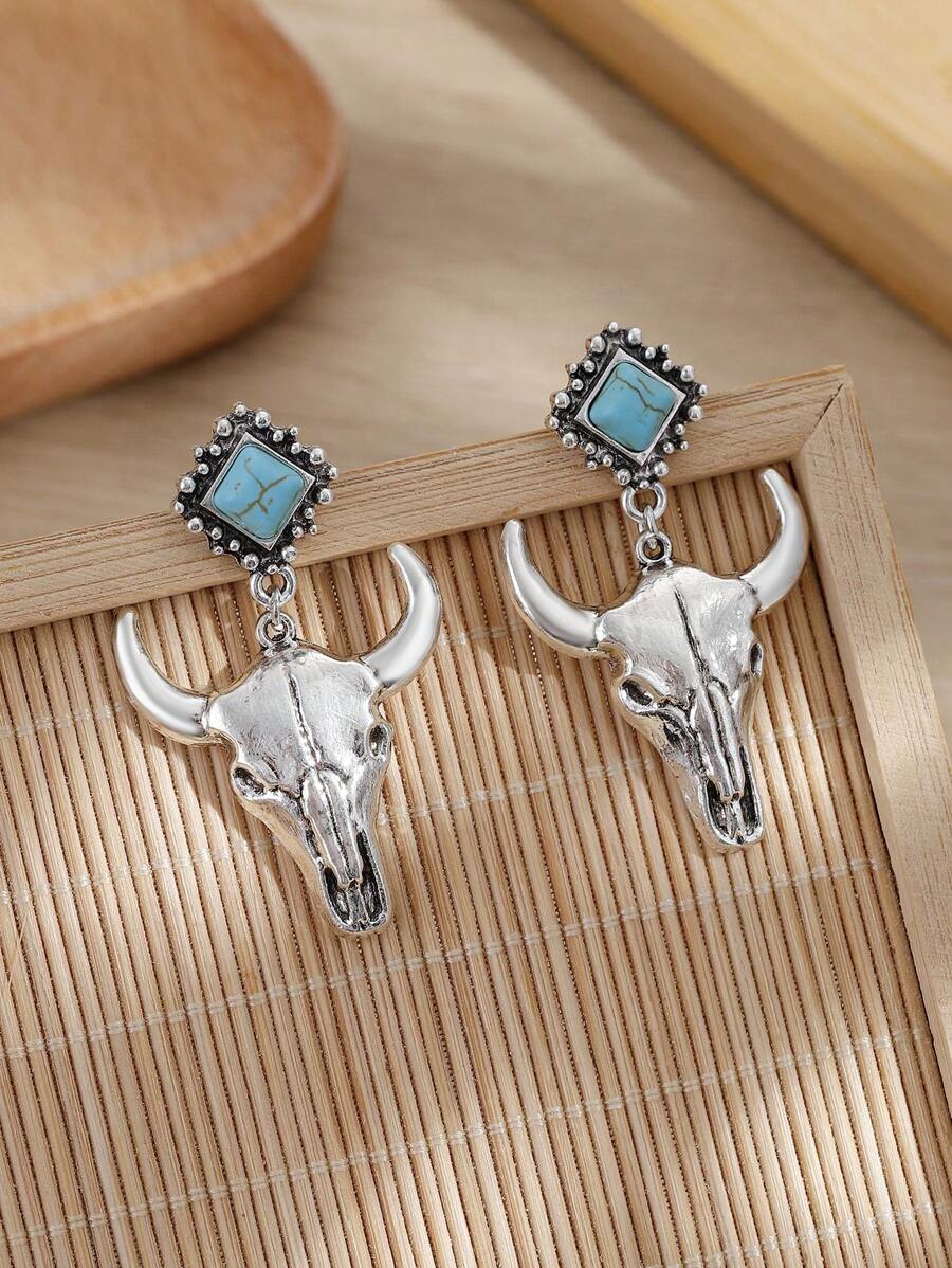 1 Par De Pendientes De Botón De Colgante De Cabeza De Toro De Incrustación De Turquesa Verde En Forma Cuadrada De Aleación De Estilo Occidental Vintage Para Uso Diario De Mujeres - Multicolor - Ver 1
