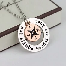 1pc Personalized Simple Compass Shaped 'Not All Who Wander Are Lost' Circle Pendant English Lettering Necklace For Women's Daily Wear - Multicolor - View 6