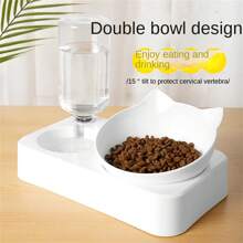 Cat Bowl, Cat Food Basin, Double Cat Bowl, Pet Double Feeder Bottle - White - View 2