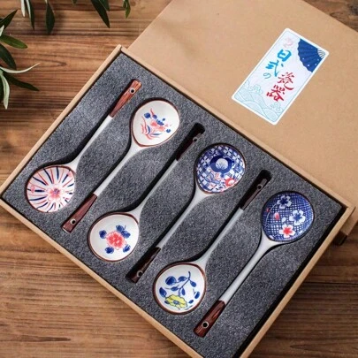 4/6pcs Creative Ceramic Dessert Spoon Set, Soup Spoon, Ceramic Soup Spoon, Creative Milk Spoon, Noodle Spoon, Modern Stirring Spoon, Reusable Spoon, Washable Dessert Spoon, Gift Box Packaging, Suitable For Gifting During New Year For Tableware Renovation And Giving To Friends Christmas Gift,School Supplies