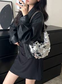 1pc Women's Silver Metallic Shine Sequin Large Capacity Clutch Shoulder Bag For Banquet - Silver - View 5