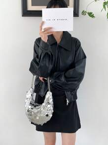 1pc Women's Silver Metallic Shine Sequin Large Capacity Clutch Shoulder Bag For Banquet - Silver - View 2