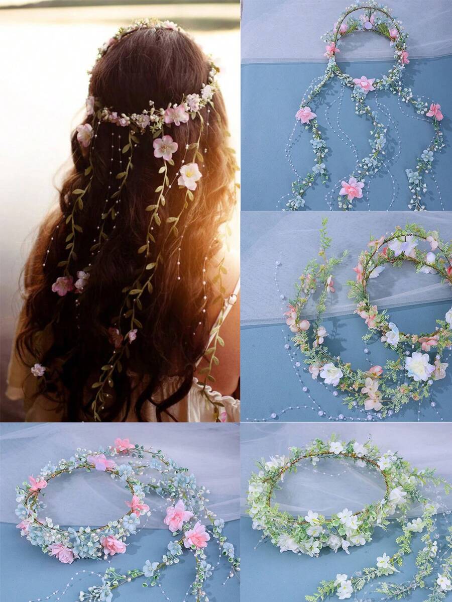 1pc Ladies' Green Elegant Hairband Crown With Flowers And Leaves. Perfect For Bridal Or Party Wear Boho,Wedding Hair Accessories - 綠色 - 查看 1