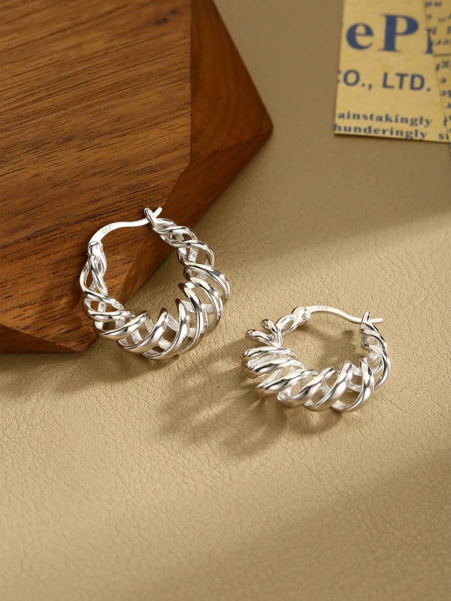 1pair S925 Silver Spiral Hollow Out Earrings, Unique European & American Minimalist Style Personalized Earrings, Suitable As A Gift For Women On Holidays Or Daily Wear - Silver - View 1