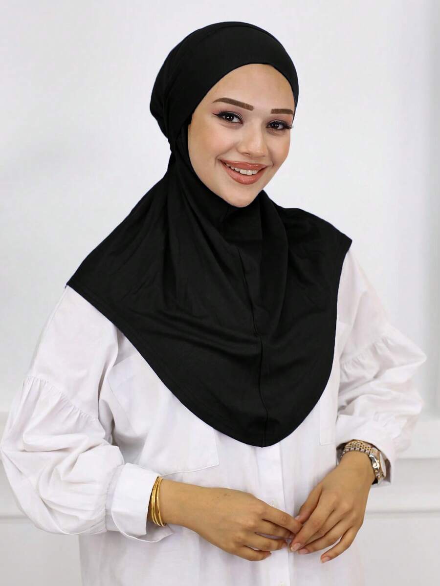 1pc Ladies' Solid Color Convenient Tie-Up Muslim Hijab Ready To Wear Instant Hijabs - Black - View 1
