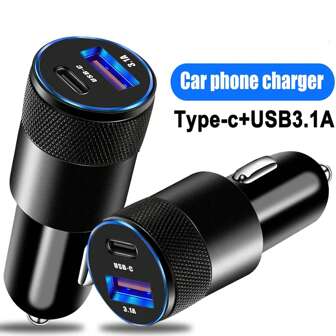1 X Cargador rápido de coche USB C, adaptador de coche USB C PD 3.0 con 2 puertos 3.1A USB+Tipo C compatible con iPhone 16/15/14/13/12 Pro Max/11 Pro/SE/X/XR/8/7/6 Plus, compatible con Samsung Galaxy S25 S24 S23 S22 S21 S20 S10 Plus, Pixel 7 6