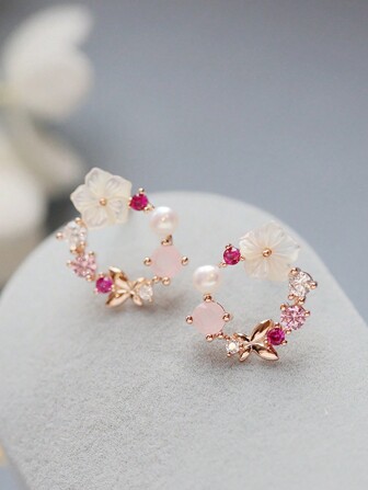 1 对简约精致花环耳环青少年樱花钻石蝴蝶甜美耳环，适合圣诞节
