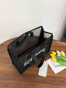 1個女孩字母印花手提袋,夏季透明網狀戶外沙灘袋,容量大,肩背袋和手提包兼具 - 黑色 - 查看 5