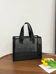 1個女孩字母印花手提袋,夏季透明網狀戶外沙灘袋,容量大,肩背袋和手提包兼具 - 黑色 - 查看 6