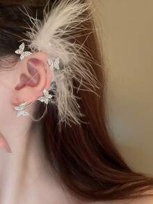 1 件獨特時尚女式鑽石鑲嵌蝴蝶羽毛耳骨夾,適合派對和攝影配件以及送給家人和朋友的新年禮物 - 銀色 - 查看 6