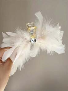 1 件純淨優雅羽毛大髮夾女式爪夾秋冬新款大容量時尚髮飾適合情人節、復活節和新年派對、約會和聚會 - 白色 - 查看 6