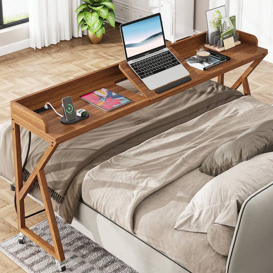 Tribesigns Overbed Table, 70.9" Queen Size Bed Table Over Bed Desk With Adjustable Tilt Board, Mobile Laptop Cart Computer Desk With 2 AC Outlets & 2 USB Ports On Wheels For Home/Hospital, Brown - Brown - View 1