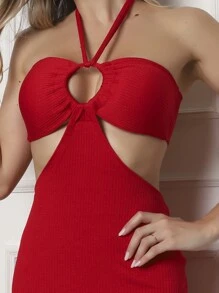 Vestido Feminino Mid Fenda Lateral Multiformas Amarrar Com Bojo Anarruga - Vermelho - Visão 5