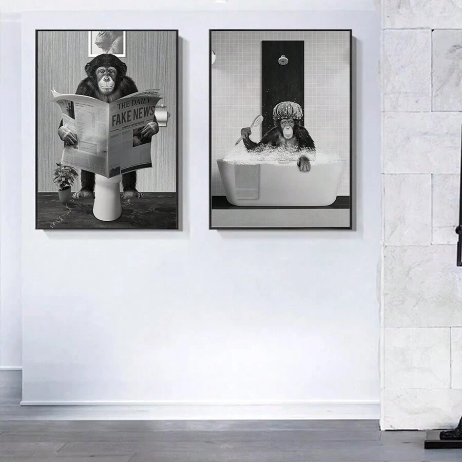 3 件/套帆布印刷海報,有趣的猴子閱讀報紙,黑白現代創意風格,適合浴室、衛生間、牆壁藝術、客廳、臥室、門廳、桌面、沙發背景裝飾、替換芯、無框、藝術禮品,家居裝飾、pvc 安全包裝