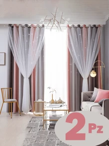 2pc Star Curtains,Bedroom Curtains With 2 Panels Colorful Double Layer Draperie Gradient Rainbow Blackout Curtains Bedroom Living Room Darkening Striped Double Layer Star Cut Home Decor Window Curtains With Gradient Eyelets, Anti-Cold, Blackout Star Curtains For Living Room, Decoration, Soundproofing, Thermal Insulation (100x130cm) - 灰色的 - 查看 2