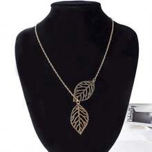 女士雙葉吊墜項鍊 - 金色 - 查看 2