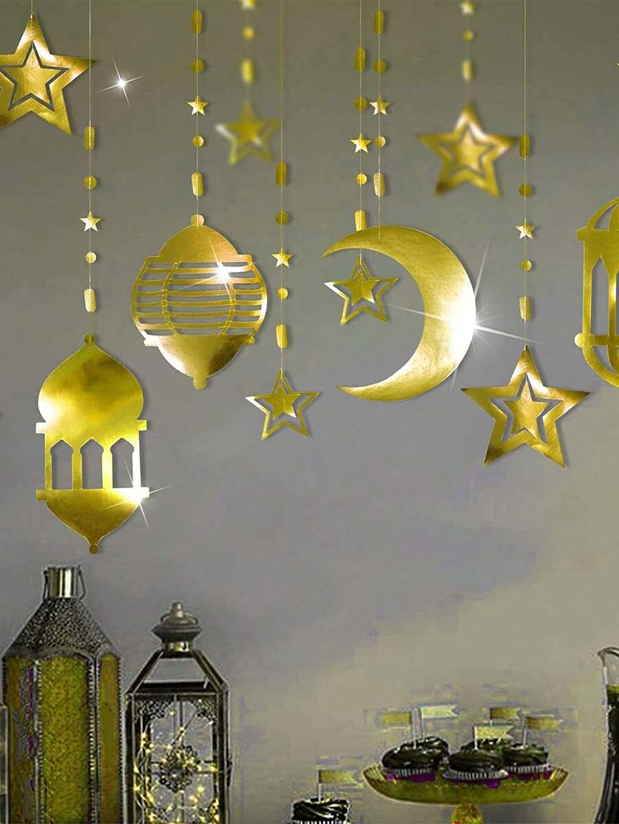 8pcs Gold  Star Moon Party Decorations Twinkle Little Star Hanging Decoration Streamers Swirl Lantern,  Mubarak Birthday Wedding Party Banner Decor - Gold - View 1