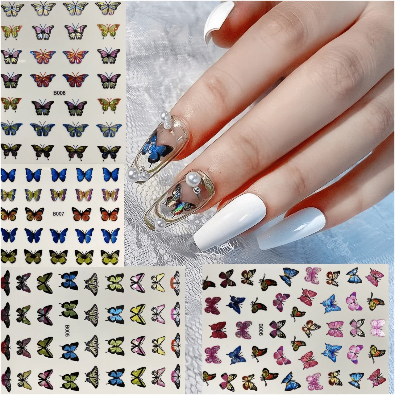 4入組復洛克蝴蝶美甲貼紙,多種設計顏色,適用於女孩美甲裝飾貼紙 - 彩色 - 查看 1
