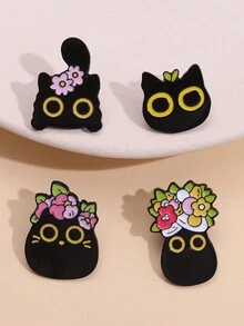 1只黑貓搞笑琺瑯針頭,定制大眼小貓胸針,花卉動物卡通搞笑珠寶禮物 - 彩色 - 查看 5