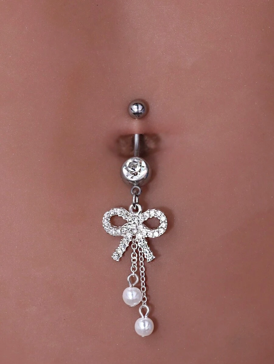 Anneau De Nombril En Acier Inoxydable Décoré D'un Nœud Papillon Scintillant En Strass Et De Fausses Perles