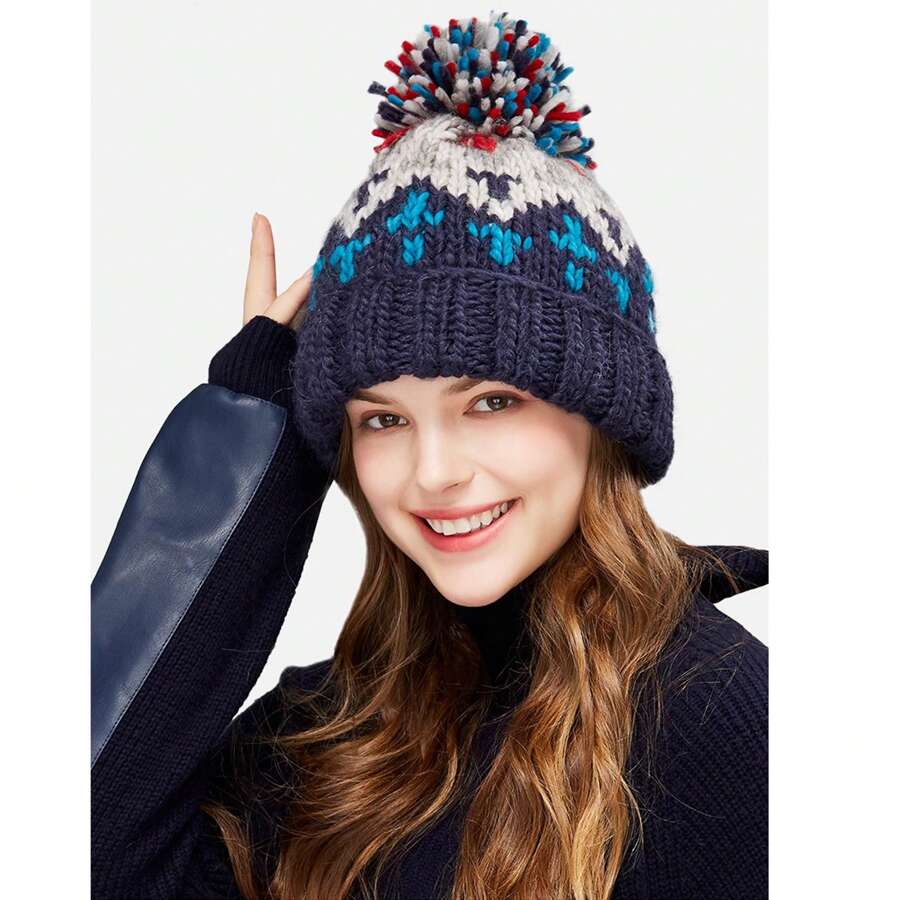 女士无檐便帽 冬季保暖翻边针织帽 带绒球滑雪帽 可作为礼物 - 藏蓝色 - 查看 1