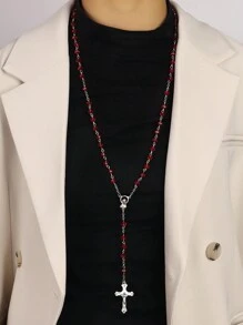 1pc Fashionable And Delicate Crystal Cross Beaded Necklace, Suitable For Women's Daily Wear Or Dates - Red - View 1